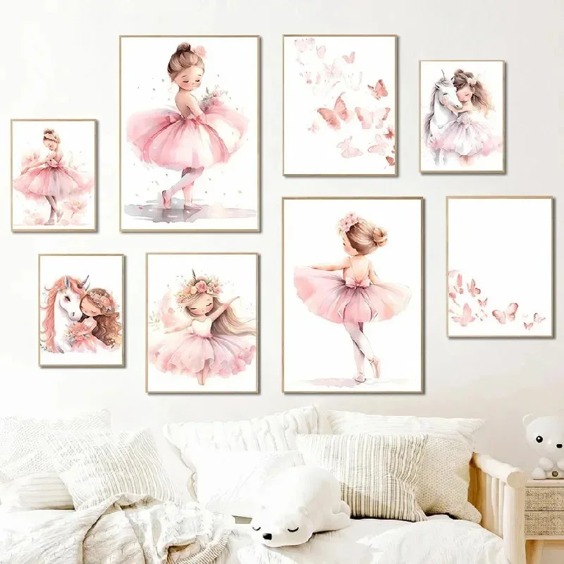 Baby Nursery Girl - Розовый постер с балериной, единорогом и
