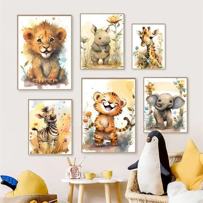 Baby Nursery Art - Акварельные постеры с изображением льва, жирафа,