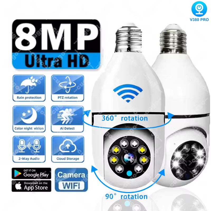 Baby Monitor Split Screen - 8-мегапиксельная лампа E27, камера наблюдения, Wi-Fi,