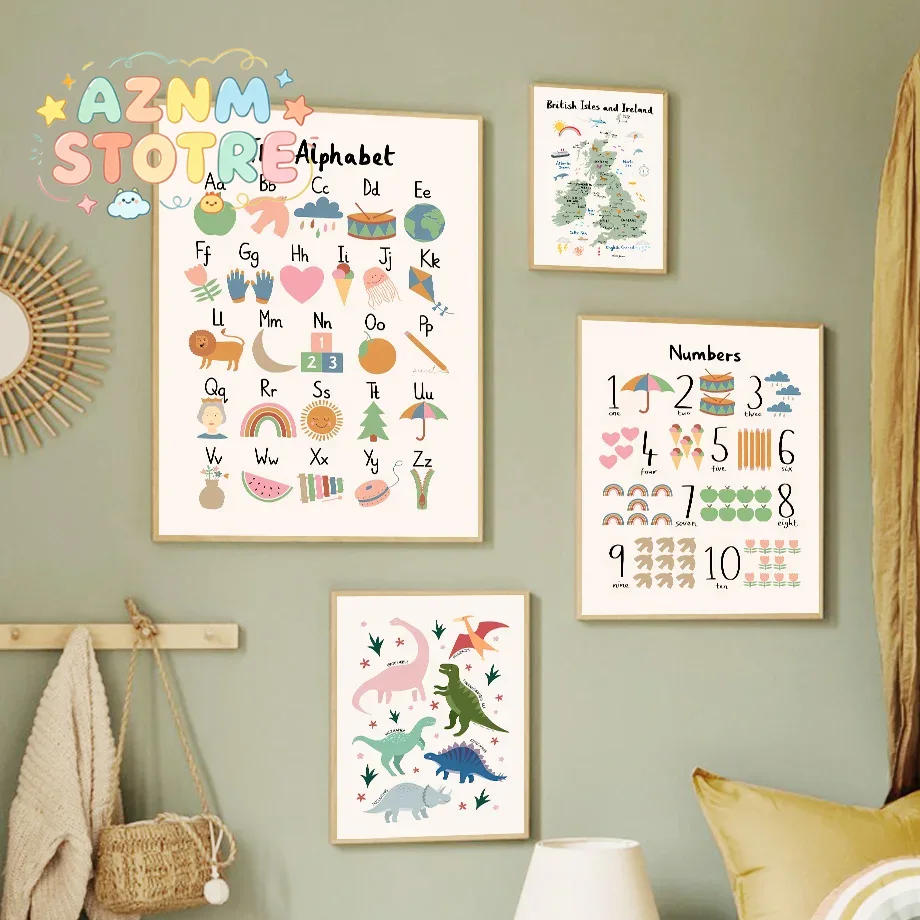 Baby Nursery Art - Карта мира животных, динозавры, алфавит, цифры,