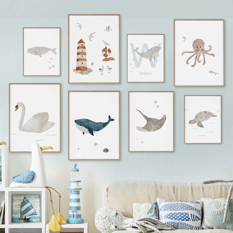 Baby Name Wall Art - Пользовательское имя Кит Осьминог Черепаха Лебедь